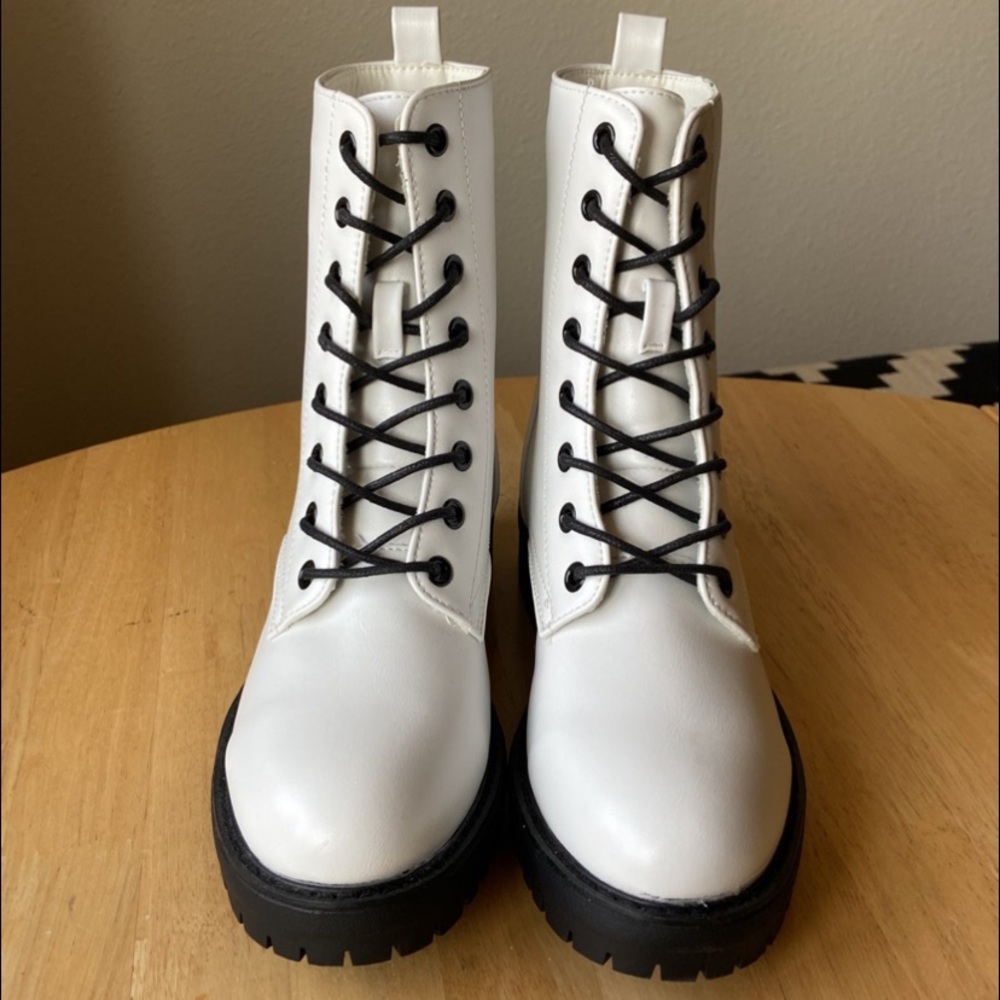 White Faux Leather Platform Military Boots - Picture 2 of 5